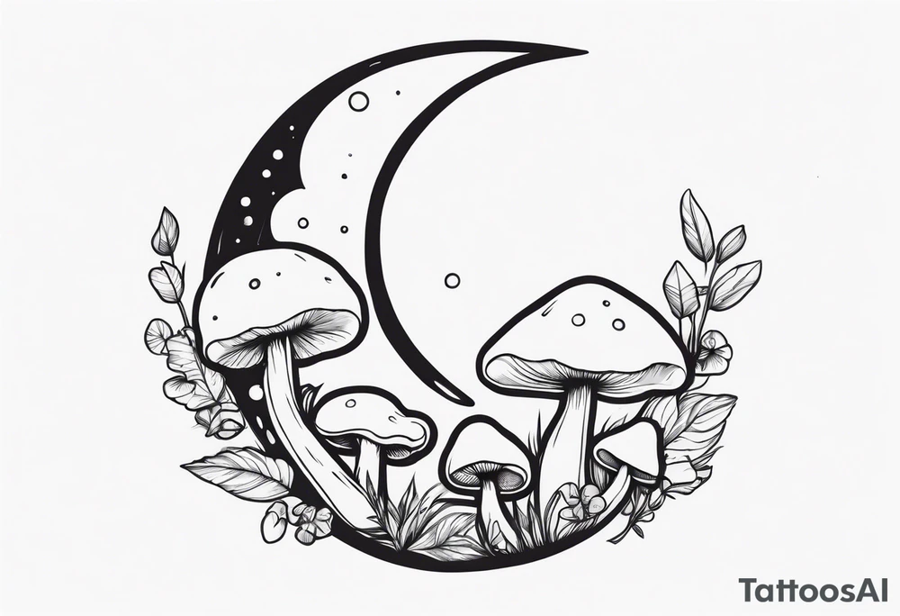 Crescent moon with mushrooms tattoo idea