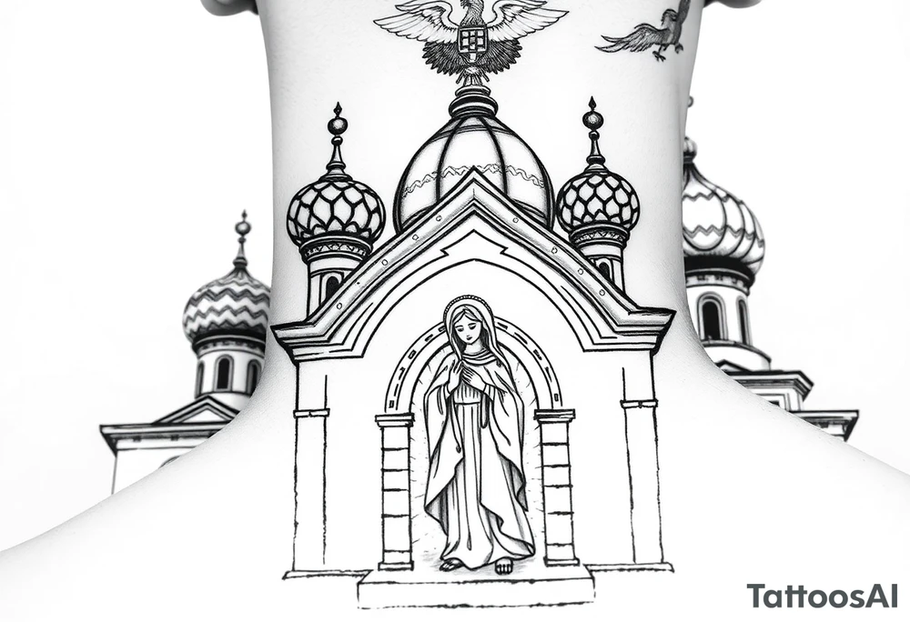 Flowing Scene

A onion domes orthodox church
Virgin Mary in prayer pose on the front doors of the russian orthodox church 
A small double headed russian coat of arms eagle or just the star tucked above the dome near the hairline tattoo idea
