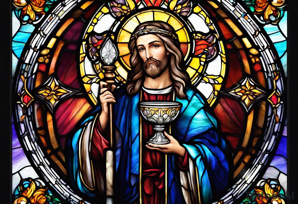holy saint stained glass holding a chalice tattoo idea