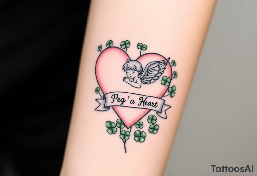 a big pale pink heart and a whimsical angel in a bunch of green shamrocks, with a banner across the heart that says Peg 'o My Heart tattoo idea