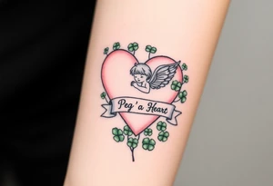 a big pale pink heart and a whimsical angel in a bunch of green shamrocks, with a banner across the heart that says Peg 'o My Heart tattoo idea