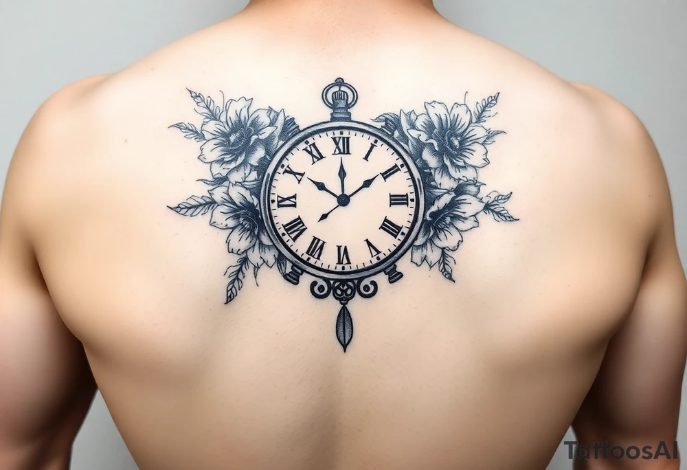 Clock and flowers tattoo idea