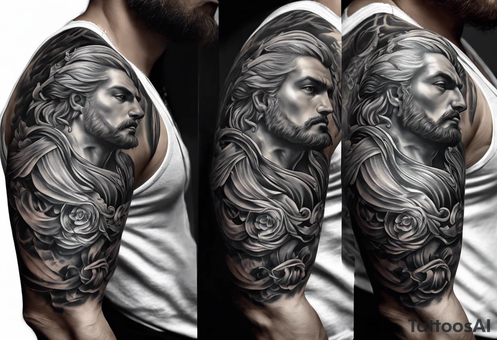 Greek or Roman mythology half sleeve  add some background and other things to make the person almost full or full height add background details men god tattoo idea