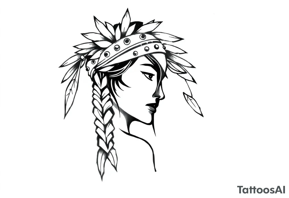 Female Native American wearing headband side pose tattoo idea