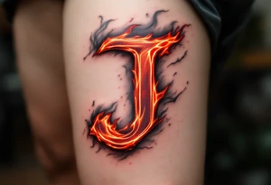 Flaming "J" in gradient shades of orange, red, and smoky gray. tattoo idea