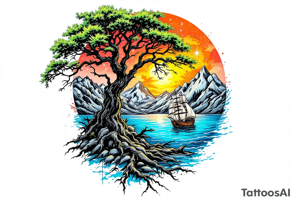 tattoo that has an acacia tree with mountains, ocean with a ship wreck and the northern star tattoo idea
