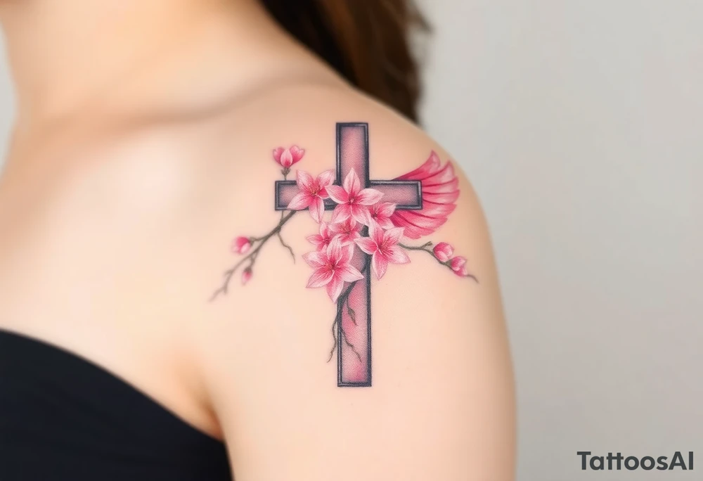 A cross with cherry blossoms growing along its frame, with delicate pink and white feathery wings tattoo idea