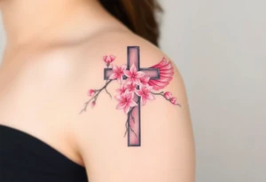 A cross with cherry blossoms growing along its frame, with delicate pink and white feathery wings tattoo idea
