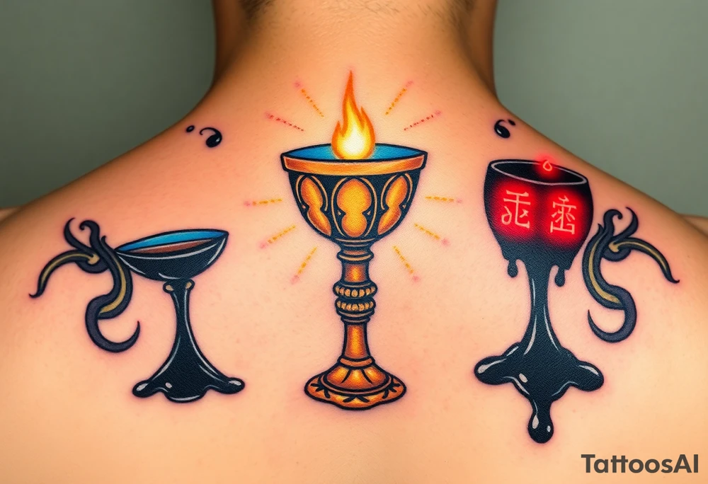 holy grail, glowing with soft blues and golds, surrounded by soft rays of light, opposed to a dark chalice, dripping black liquid, with red glowing symbols tattoo idea