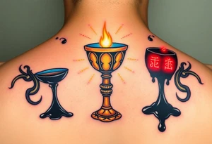 holy grail, glowing with soft blues and golds, surrounded by soft rays of light, opposed to a dark chalice, dripping black liquid, with red glowing symbols tattoo idea