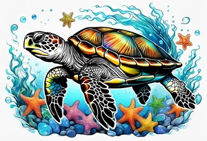 sea turtle swimming with jelly fish and among star fish tattoo idea