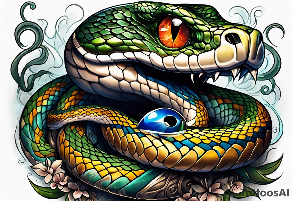 Snake with an evil eye in its mouth tattoo idea