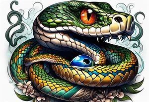 Snake with an evil eye in its mouth tattoo idea