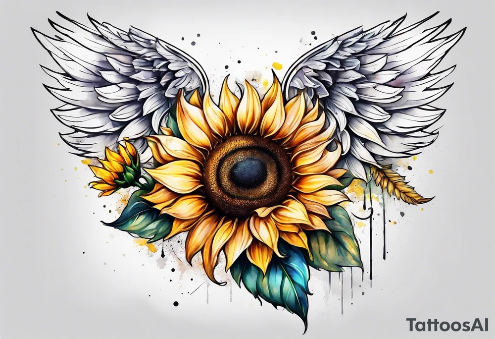 Sunflowers and angel wings leg sleeve tattoo idea