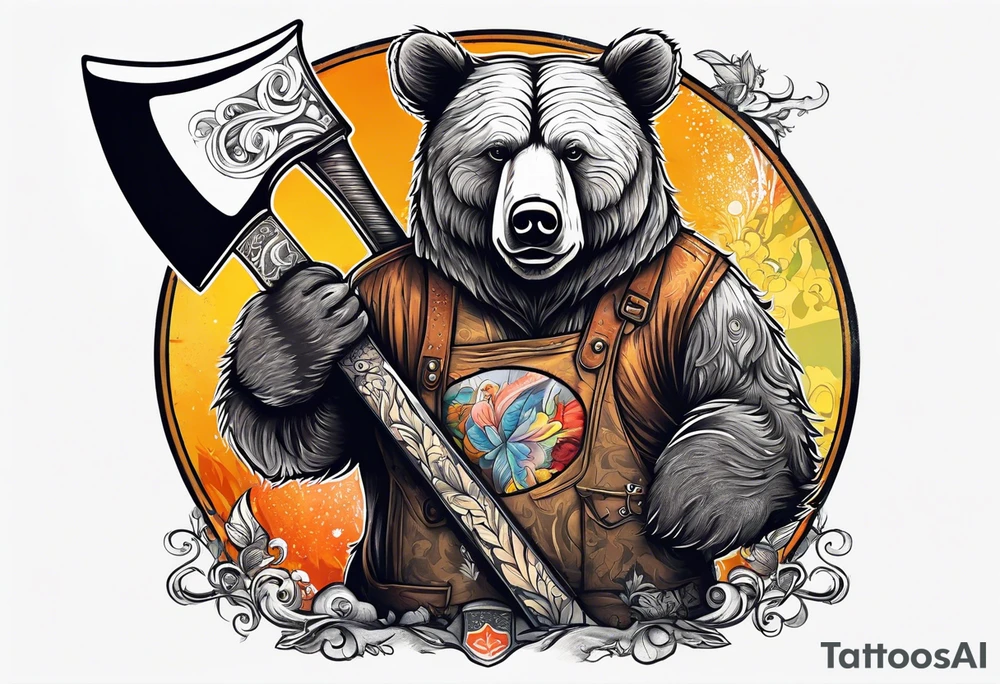 anthropomorphic bear with a two-handed ax tattoo idea