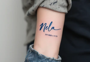 Birth chart-inspired tattoo with "Nela – 19.7.2023 v 1:13" in cosmic navy blue. tattoo idea