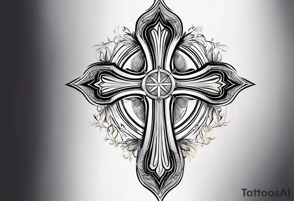 Tattoo: A refined cross with a soft halo on top of it, symbolizing light and spirituality. Delicate rays extend outward from the halo, adding a subtle glow and depth. The cross itself is simple and elegant, with potential for small, intricate line details within the design. tattoo idea