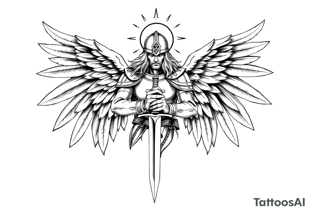 Holy Archangel, Biblical, Christianity, Hebrew, Guards of Christianity, Holding a sword, having six wings, wearing helmet, halo, seraphim, seek justice, walk only with God tattoo idea