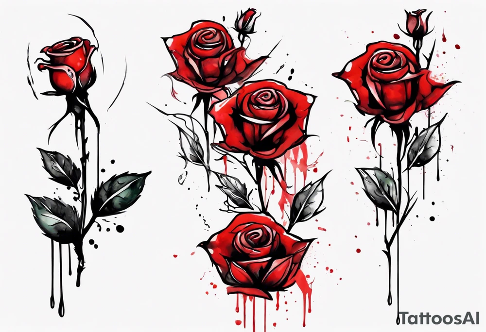 rose flower, one line, red blood dripping from the flower, tall, watercolor, with a t 
placed in the bottom half tattoo idea