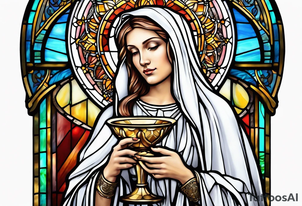 holy saint woman with halo stained glass holding a chalice tattoo idea