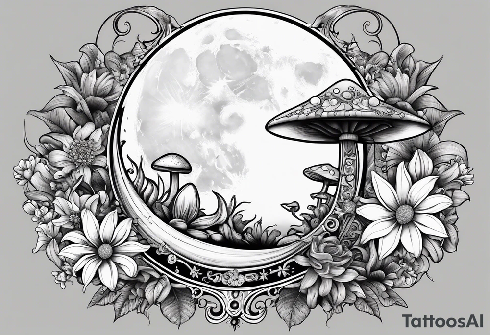 moon with crystals, mushrooms, and lily’s and daisy’s tattoo idea