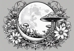 moon with crystals, mushrooms, and lily’s and daisy’s tattoo idea