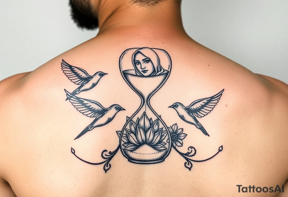 Broken hour glass that turns into birds with a lotus flower and woman with hijab in background tattoo idea