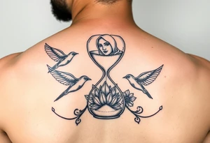 Broken hour glass that turns into birds with a lotus flower and woman with hijab in background tattoo idea