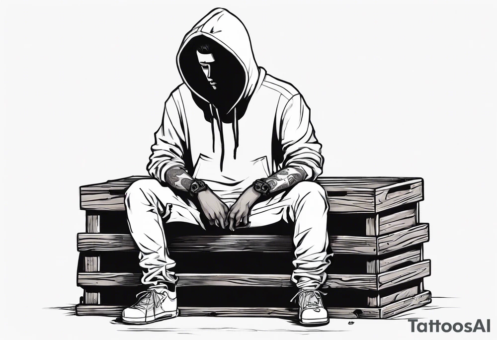 A guy in a hoodie sitting on a wooden box, looking down. tattoo idea