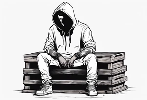 A guy in a hoodie sitting on a wooden box, looking down. tattoo idea