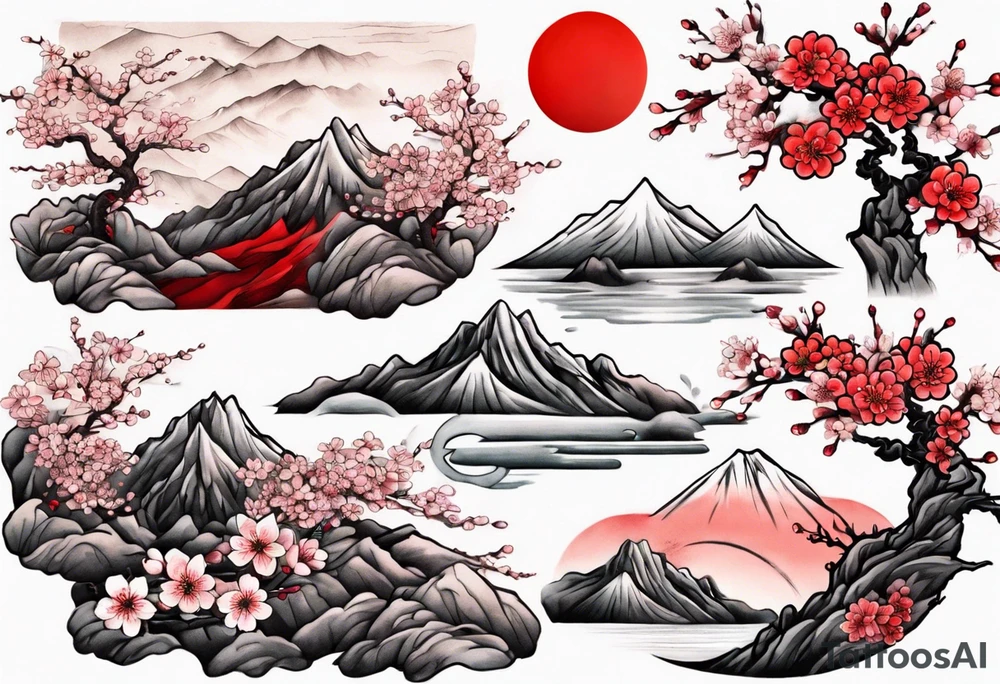 Cherry blossom red sun mountains landscape tattoo idea