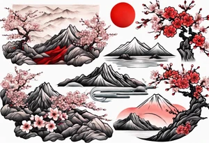Cherry blossom red sun mountains landscape tattoo idea