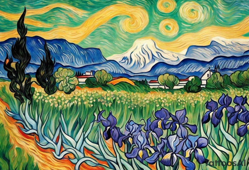 Create a condensed, thick, colorful Vincent van Gogh's Irises tattoo, with vines in Celtic knots gracefully holding mountains. The intended placement is on the upper chest. The overall design should be small in size while maintaining a delicate and artistic aesthetic. Pay attention to the graceful flow of the vines and the placement of the irises to achieve a refined and elegant look. tattoo idea