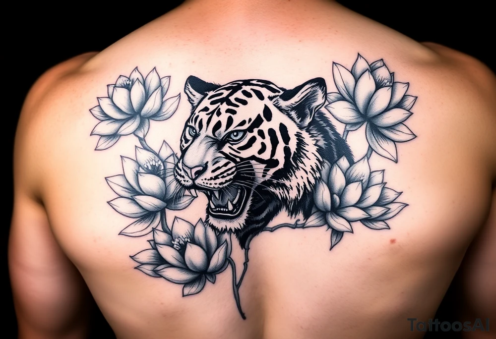 fierce tiger emerging through blooming lotus flowers in mist tattoo idea fierce tiger emerging through blooming lotus flowers in mist tattoo idea