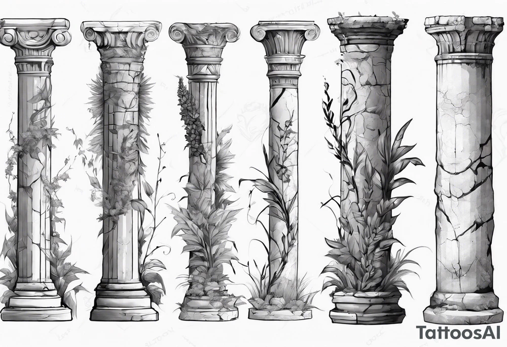 Half of an ancient Roman pillar in the Ionian style. It has a few cracks on it and some overgrown plants at the bottom. tattoo idea