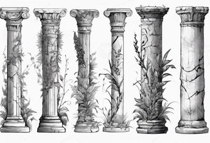 Half of an ancient Roman pillar in the Ionian style. It has a few cracks on it and some overgrown plants at the bottom. tattoo idea