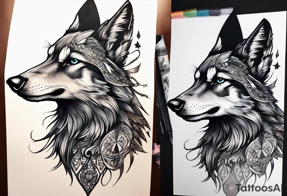 A fairy/witch with a Lot of collors (use fullcolor tattoo style)
Below the fairy a Black and white raven (use blackwork tattoo style)
Below the raven a realistic Wolf. tattoo idea