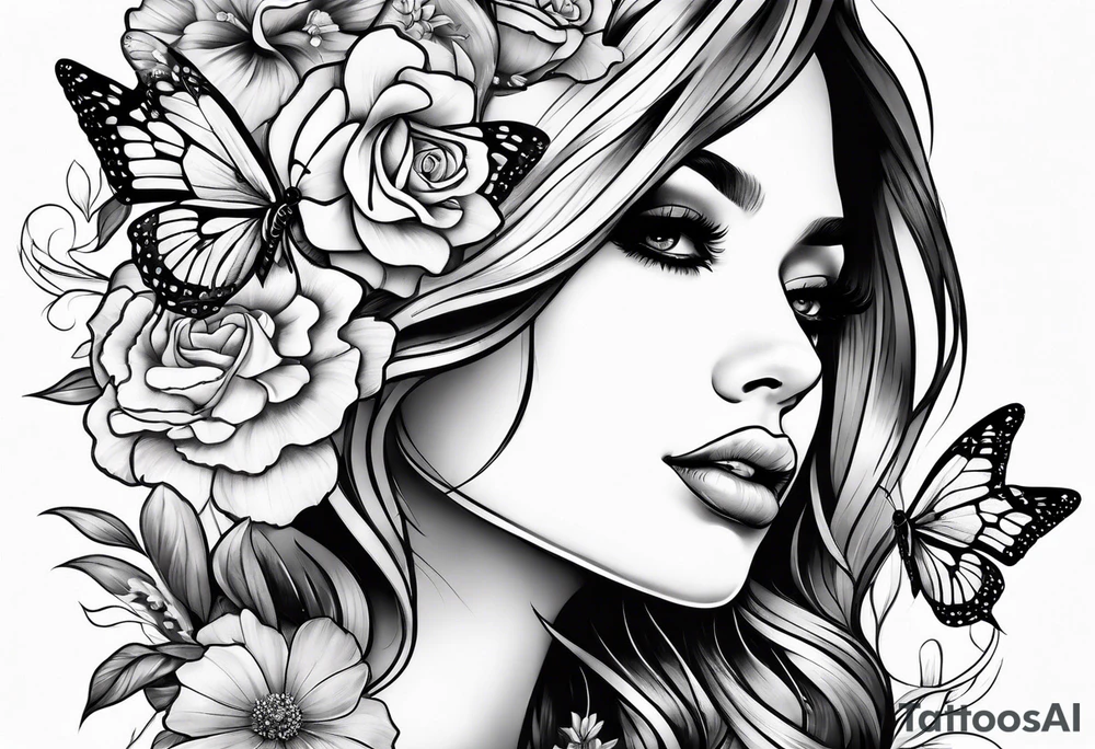 Women face with flowers and butterfly tattoo idea