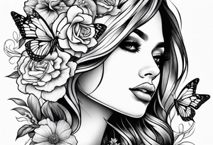 Women face with flowers and butterfly tattoo idea
