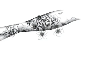 Forearm sleeve tattoo including lion clouds jasmine flower names dates covering the whole forearm. I don’t want it to be girly more tough tattoo idea