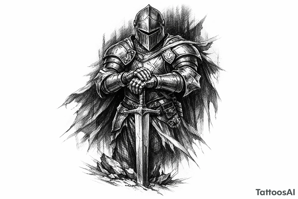 Knight in ornate plate armor, sword planted, shadowed background. tattoo idea
