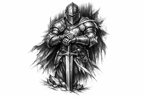 Knight in ornate plate armor, sword planted, shadowed background. tattoo idea