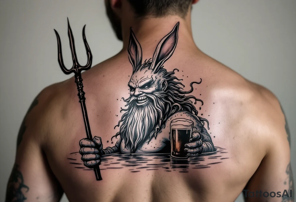 smiling poseidon in calm water, holding a trident, holding a beer, with bunny ears tattoo idea