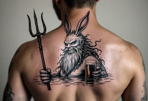 smiling poseidon in calm water, holding a trident, holding a beer, with bunny ears tattoo idea