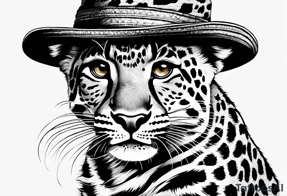 baby leopard walking with a straw hat. the leopard is walking tattoo idea