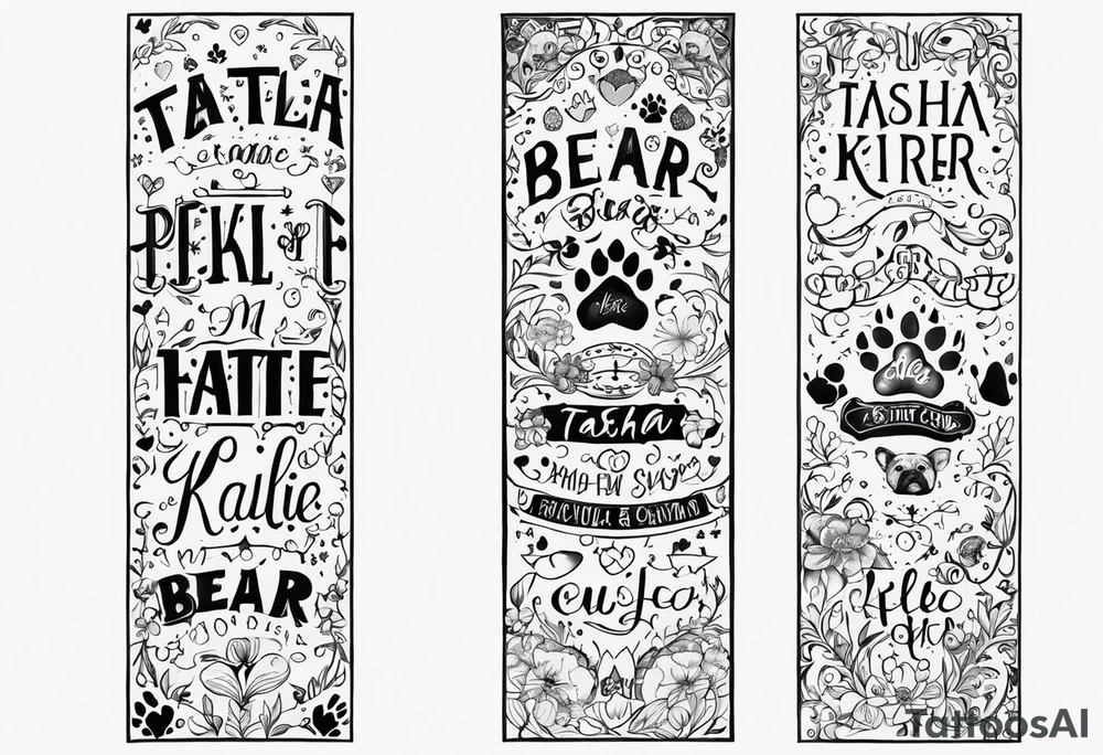 forearm tattoo lettering name of each of my dogs "Tasha Katie Kiera Zeke Pixie Bud Bear" tattoo idea