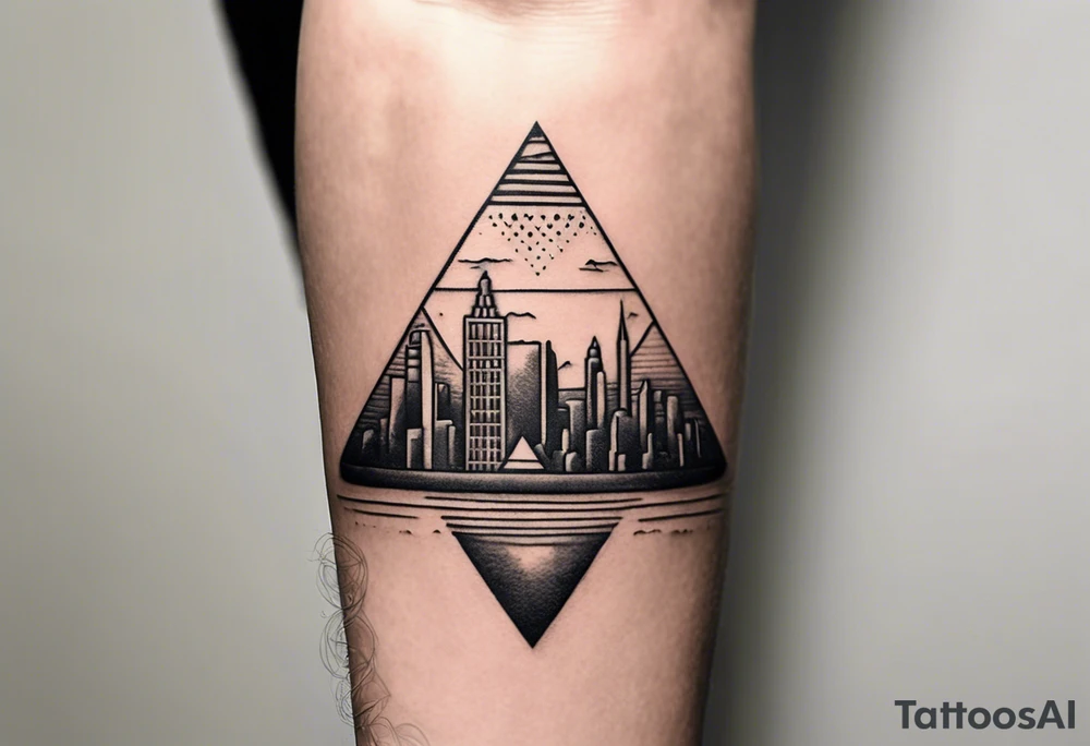 "Design a minimalist yet meaningful tattoo featuring a subtle fusion of the Pyramids of Giza and the Manhattan skyline. Opt for clean lines and essential elements, such as the silhouettes of the pyramids integrated with key skyscrapers. Consider a monochromatic color scheme to maintain simplicity, and choose a compact size for an understated yet impactful representation of your Egyptian and New York connections tattoo idea