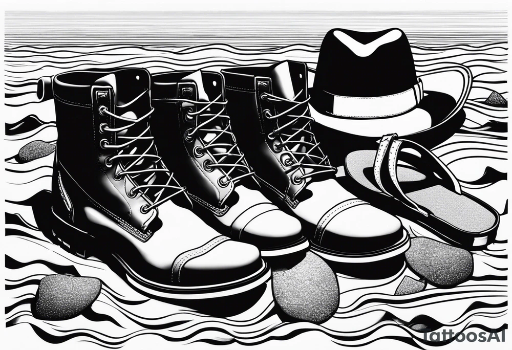 Keep it simple. A pair of timberland boots next to two flip flops and a cowboyhat on the Beach. tattoo idea