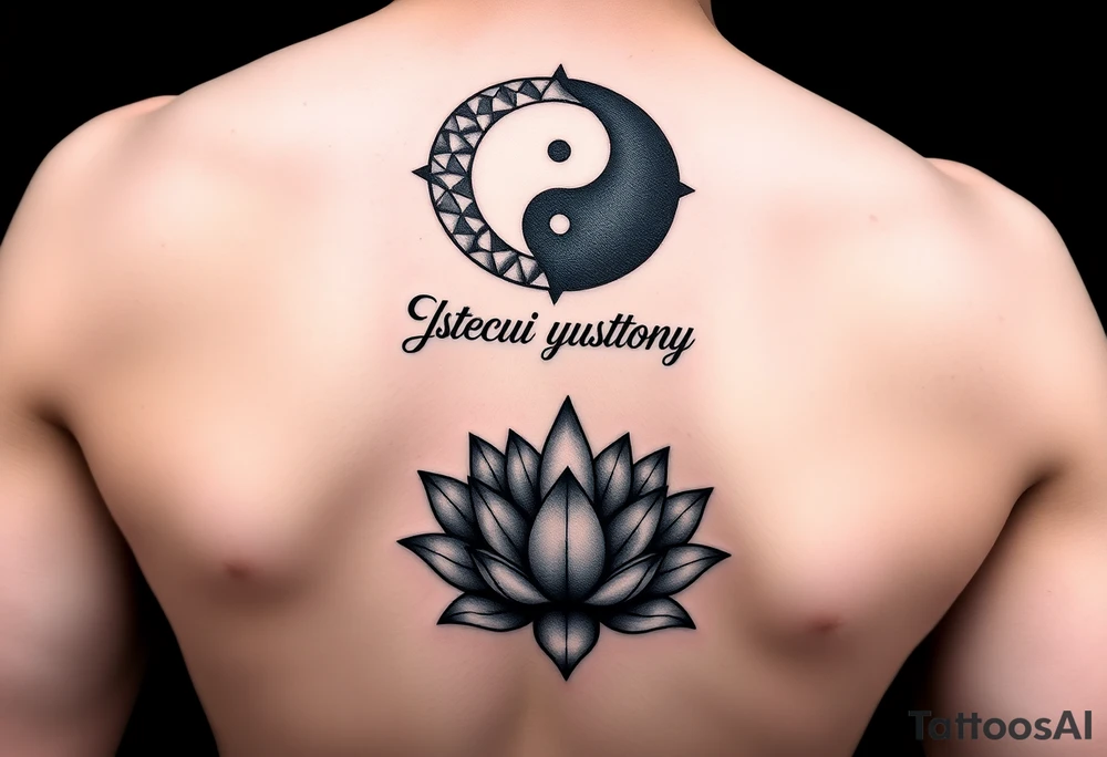 "Geometric sleeve where:  
- Top: Yin-yang symbol made of gun parts  
- Middle: Flowing text *"Стреляй в пустоту"* in Cyrillic calligraphy  
- Bottom: Minimalist lotus with 8 bullet casings as petals" tattoo idea