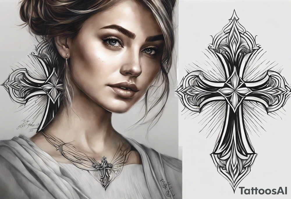 Realistic Tattoo: A refined cross with a soft halo surrounding it, symbolizing light and spirituality. Delicate rays extend outward from the halo, adding a subtle glow and depth. The cross itself is simple and elegant, with potential for small, intricate line details within the design. Style: Realism tattoo idea